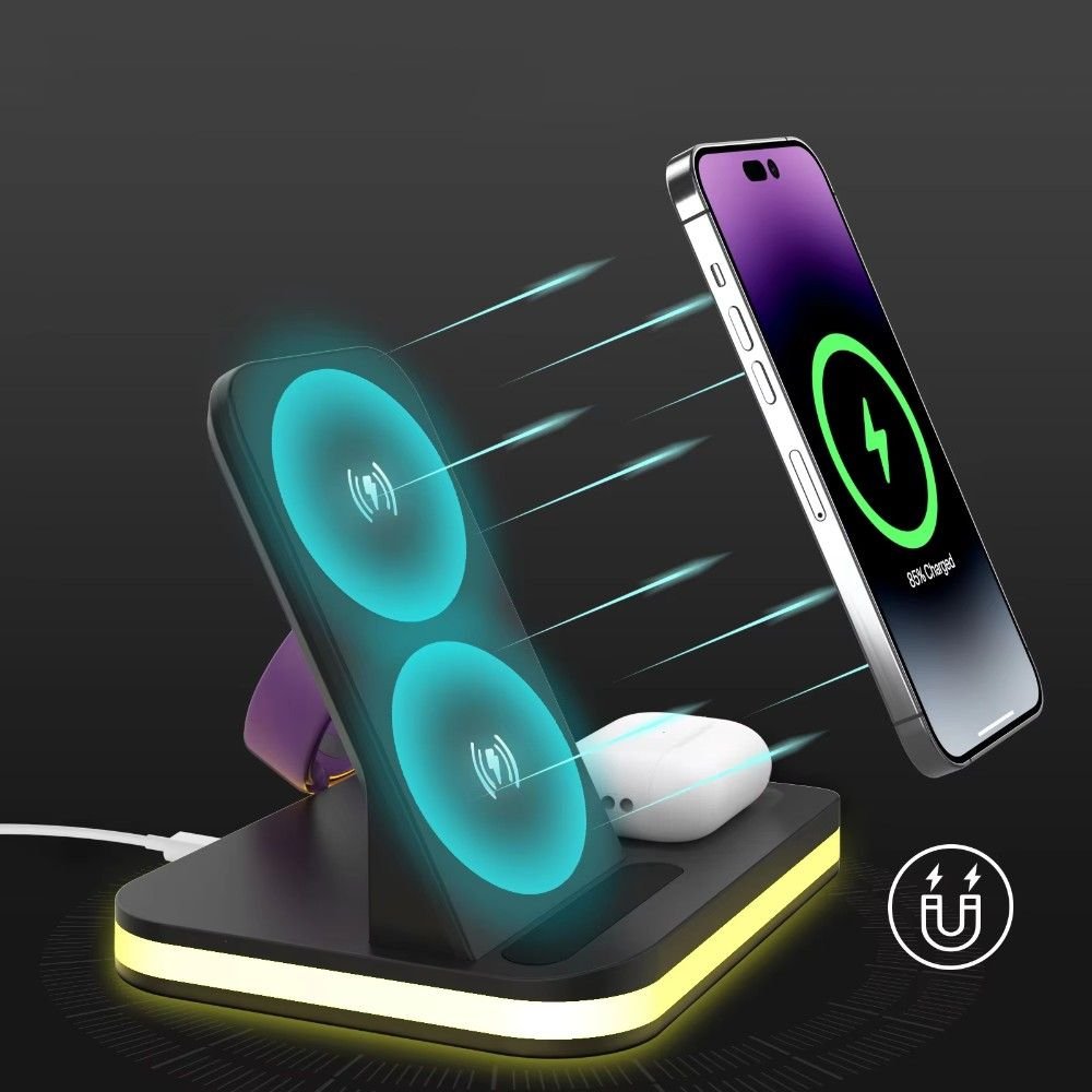 Fast Wireless 3-in-1 Charger Stand for iPhone, Apple Watch & AirPods - 15W Power (Black) - Task & Tether