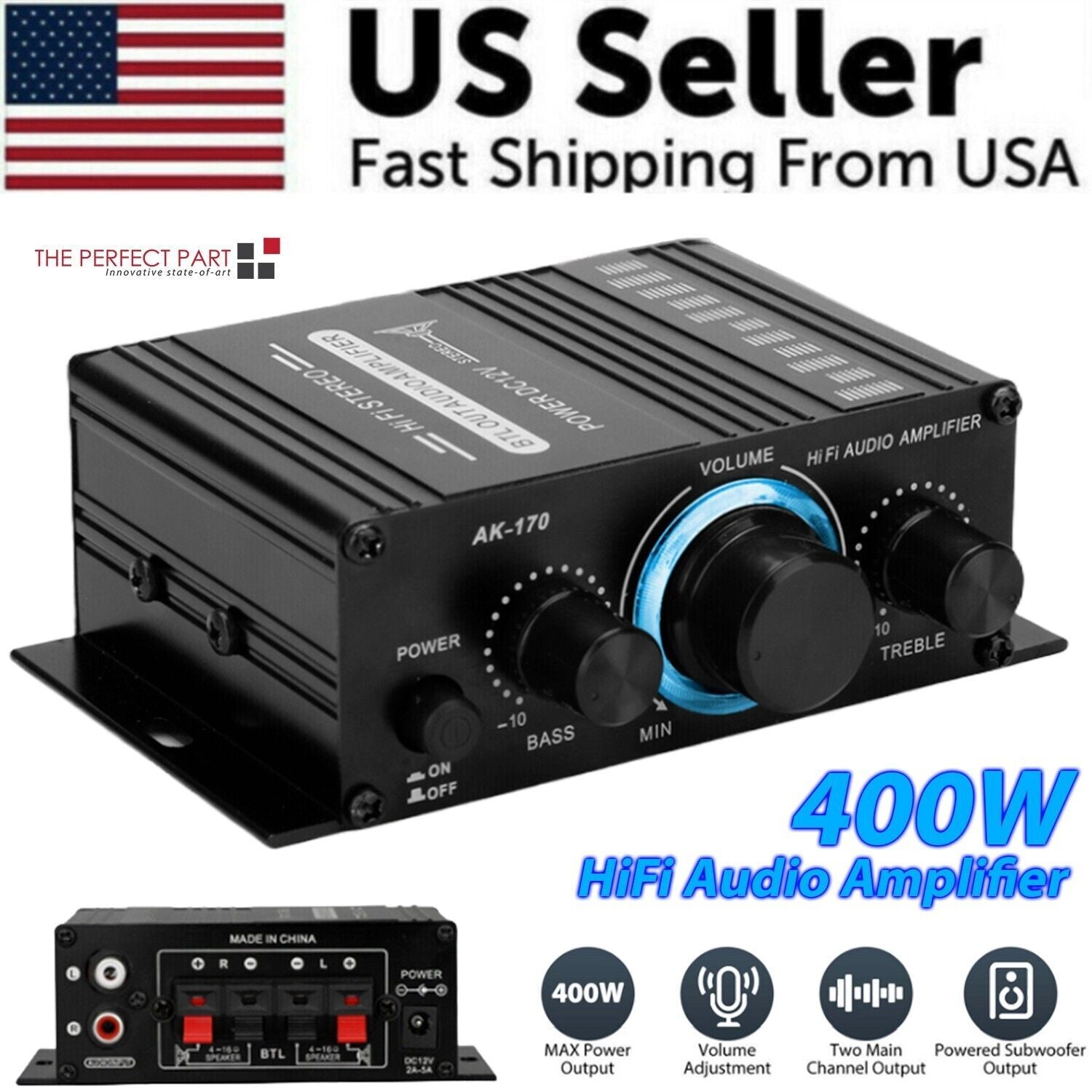400W 12V 2 Channel Powerful Stereo Audio Power Amplifier HiFi Bass Amp Car Home - Task & Tether