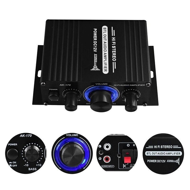 400W 12V 2 Channel Powerful Stereo Audio Power Amplifier HiFi Bass Amp Car Home - Task & Tether