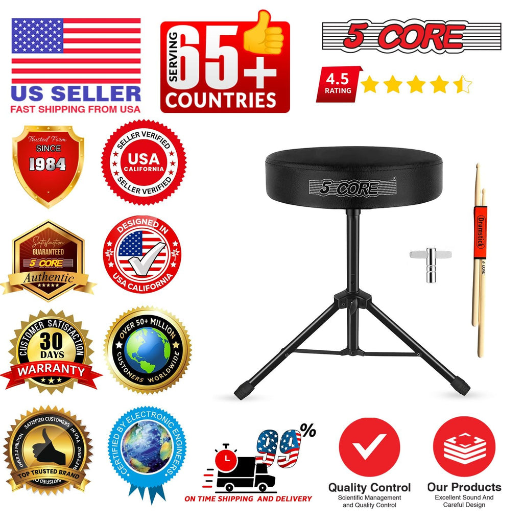 5 Core Drum Throne 3" Thick Padded Memory Foam Comfortable Drummer Stool 330Lb Capacity Adjustable - Task & Tether