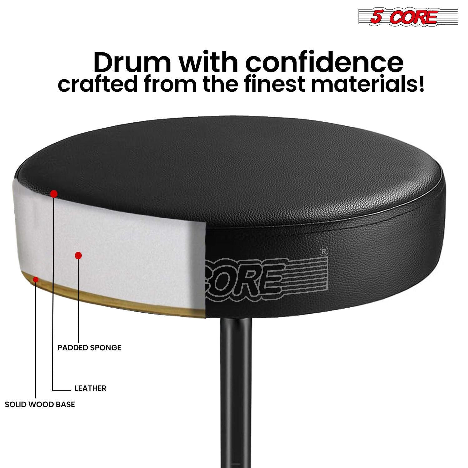 5 Core Drum Throne 3" Thick Padded Memory Foam Comfortable Drummer Stool 330Lb Capacity Adjustable - Task & Tether