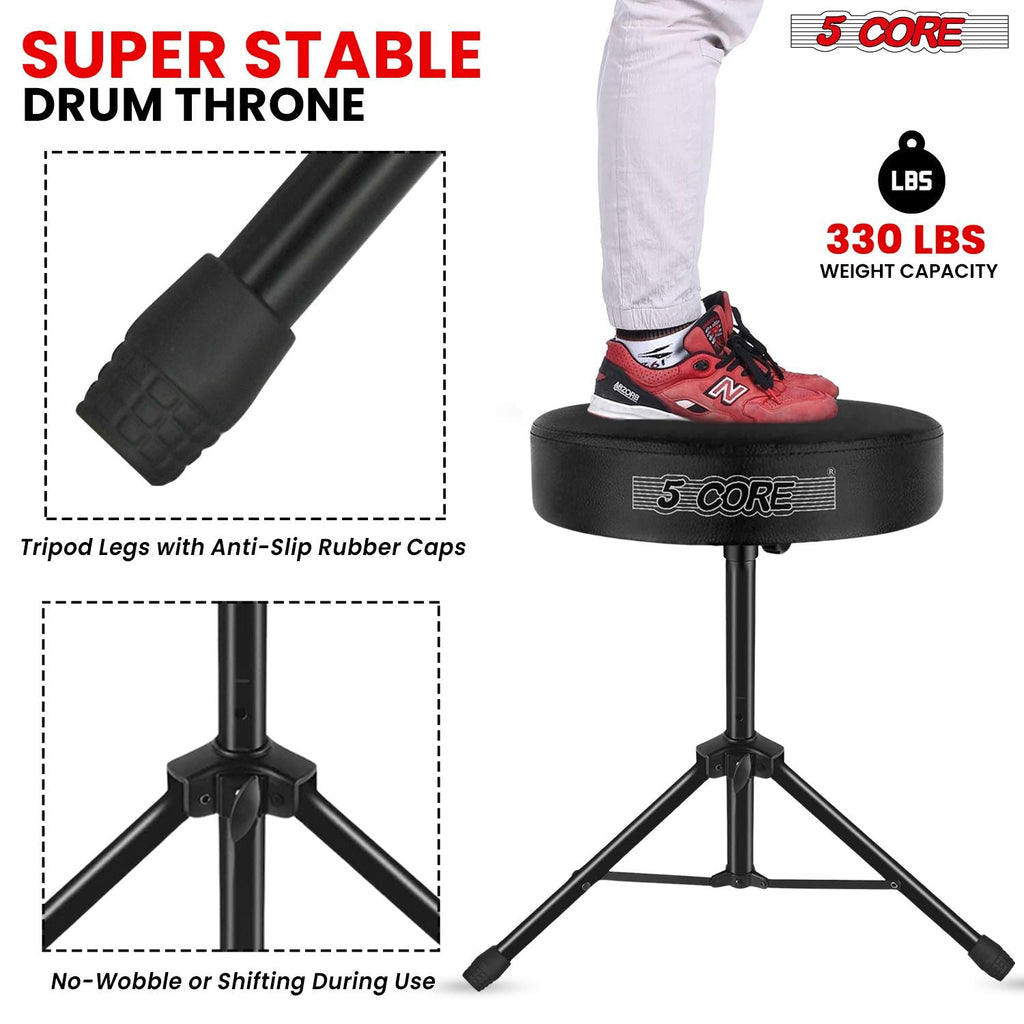 5 Core Drum Throne 3" Thick Padded Memory Foam Comfortable Drummer Stool 330Lb Capacity Adjustable - Task & Tether