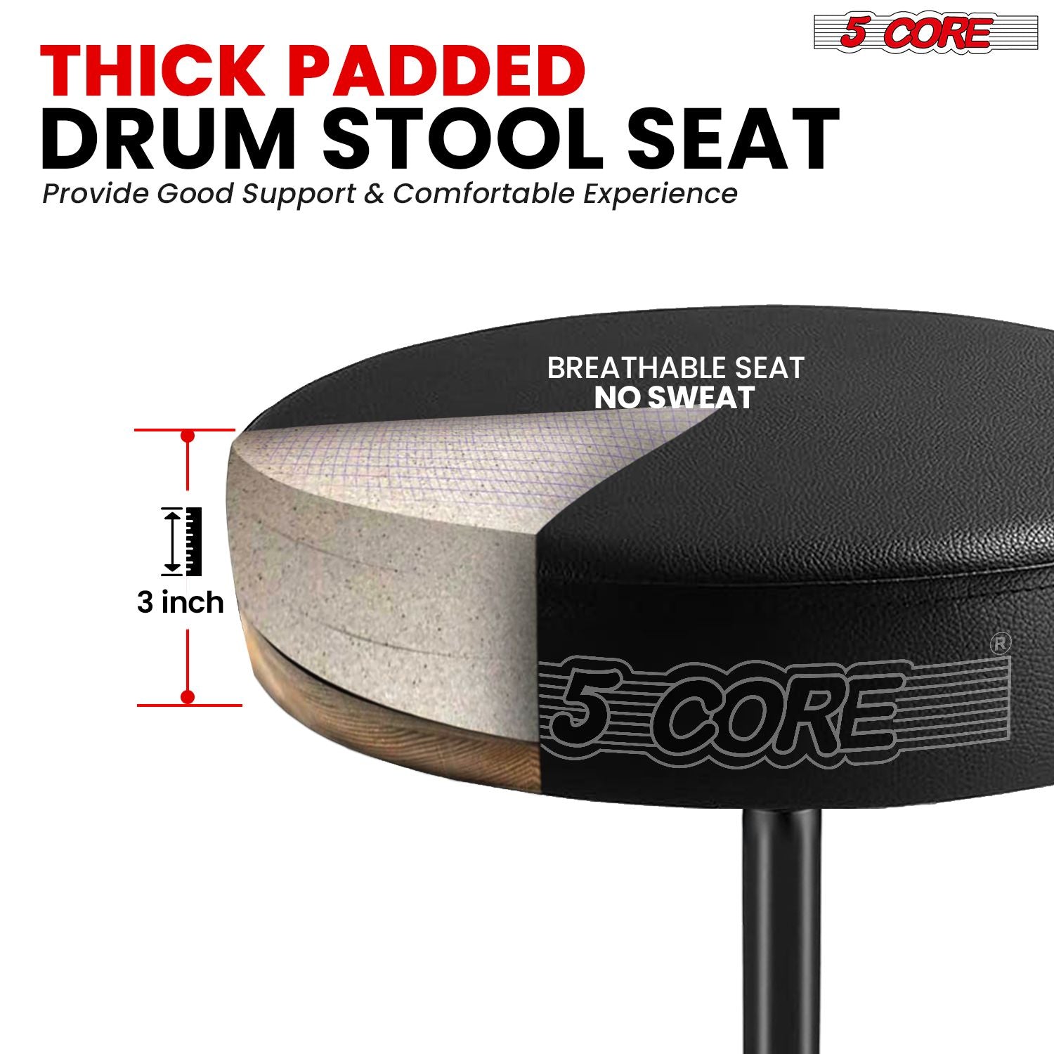 5 Core Drum Throne 3" Thick Padded Memory Foam Comfortable Drummer Stool 330Lb Capacity Adjustable - Task & Tether