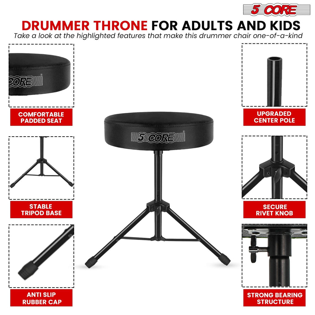 5 Core Drum Throne 3" Thick Padded Memory Foam Comfortable Drummer Stool 330Lb Capacity Adjustable - Task & Tether