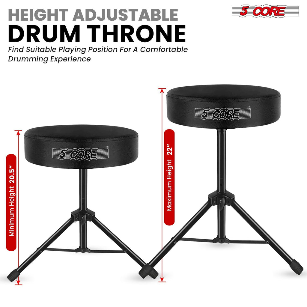 5 Core Drum Throne 3" Thick Padded Memory Foam Comfortable Drummer Stool 330Lb Capacity Adjustable - Task & Tether