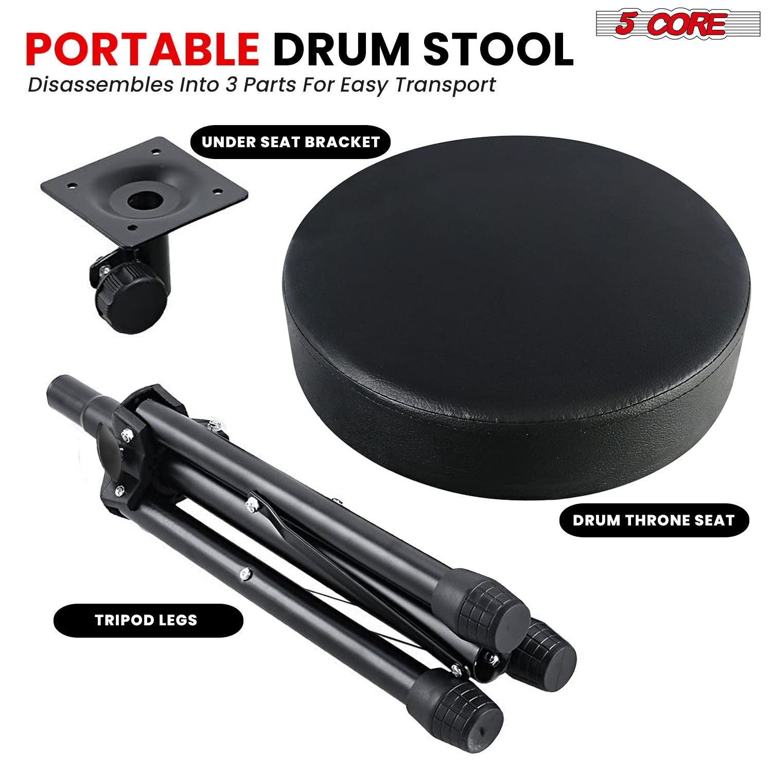 5 Core Drum Throne 3" Thick Padded Memory Foam Comfortable Drummer Stool 330Lb Capacity Adjustable - Task & Tether