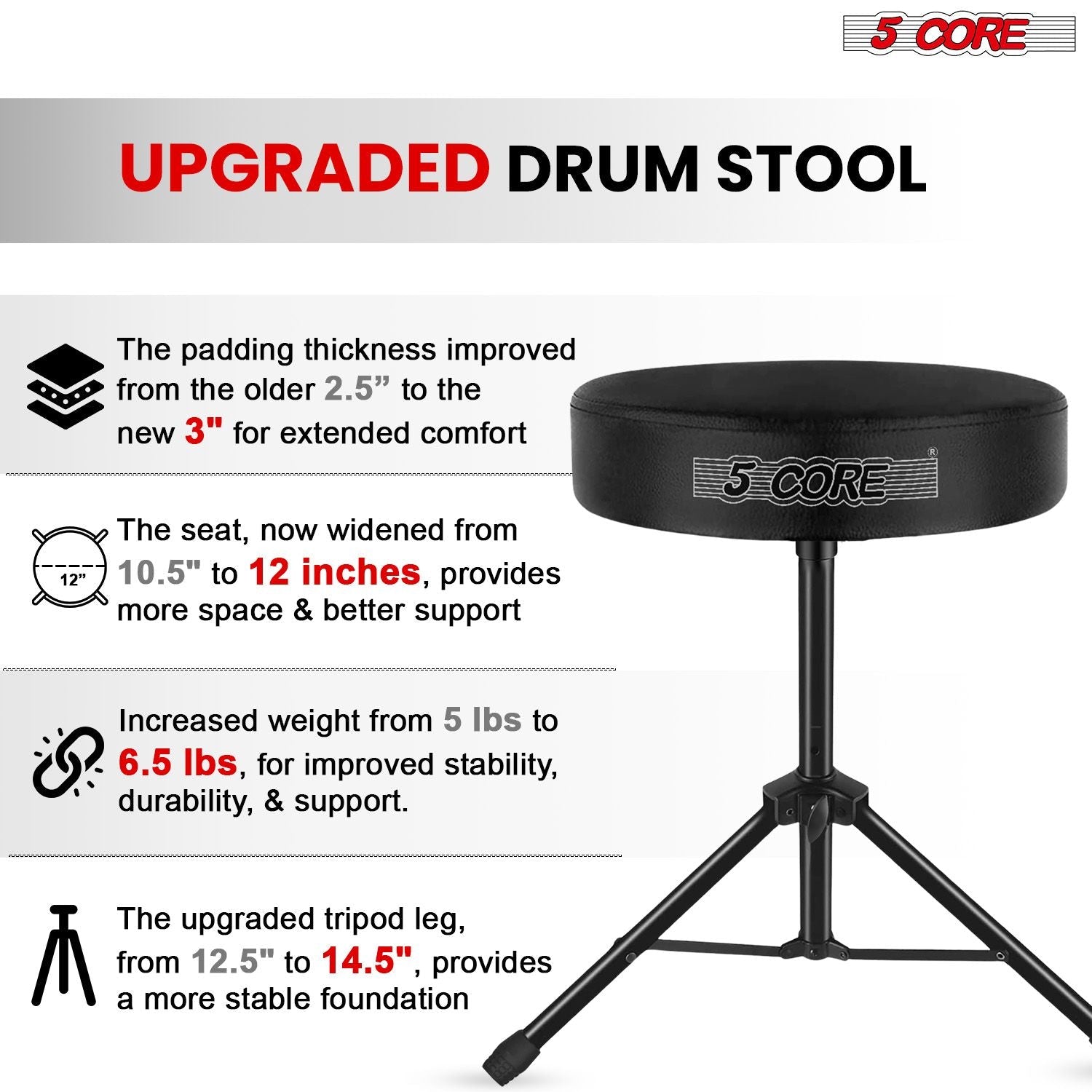 5 Core Drum Throne 3" Thick Padded Memory Foam Comfortable Drummer Stool 330Lb Capacity Adjustable - Task & Tether