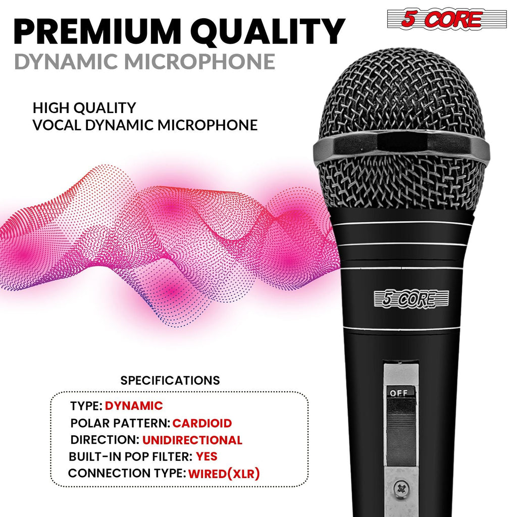 5 CORE Microphone Dynamic Vocal Handheld Mic Cardioid Unidirectional Microfono w On Off Switch + XLR Audio Cable for Singing Karaoke Public Speaking & Parties - PM 757 - Task & Tether