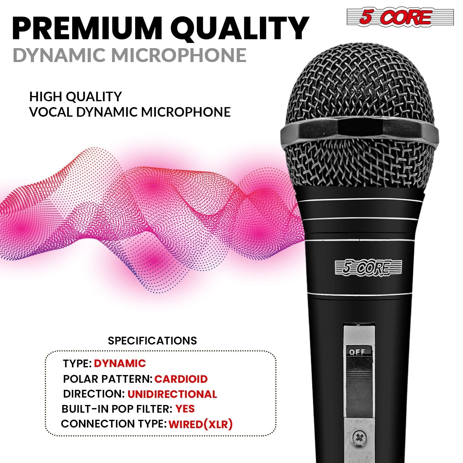 5 CORE Microphone Dynamic Vocal Handheld Mic Cardioid Unidirectional Microfono w On Off Switch + XLR Audio Cable for Singing Karaoke Public Speaking & Parties - PM 757 - Task & Tether