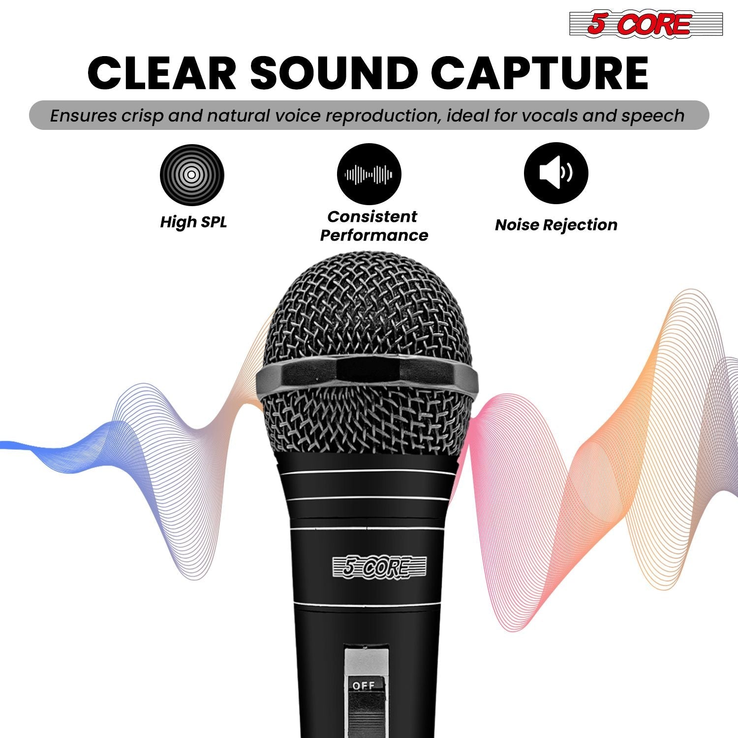 5 CORE Microphone Dynamic Vocal Handheld Mic Cardioid Unidirectional Microfono w On Off Switch + XLR Audio Cable for Singing Karaoke Public Speaking & Parties - PM 757 - Task & Tether