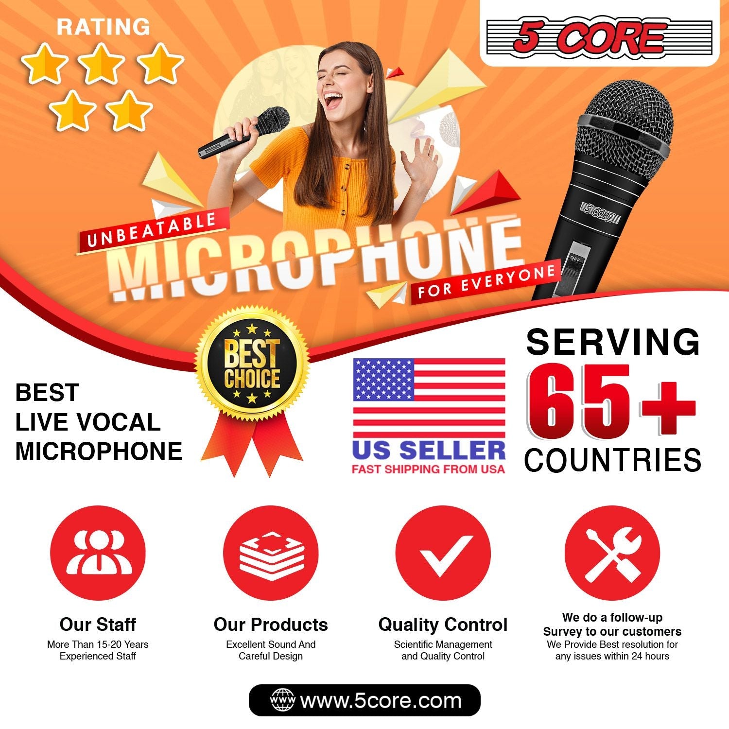 5 CORE Microphone Dynamic Vocal Handheld Mic Cardioid Unidirectional Microfono w On Off Switch + XLR Audio Cable for Singing Karaoke Public Speaking & Parties - PM 757 - Task & Tether