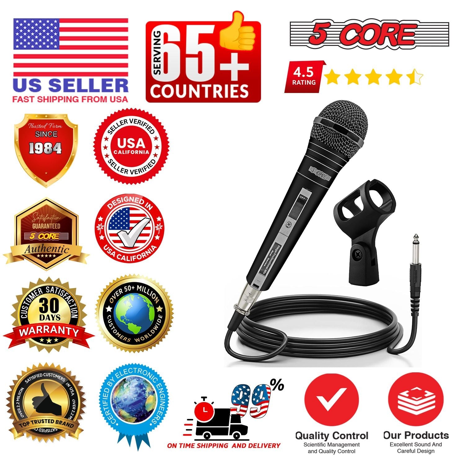 5 CORE Microphone Dynamic Vocal Handheld Mic Cardioid Unidirectional Microfono w On Off Switch + XLR Audio Cable for Singing Karaoke Public Speaking & Parties - PM 757 - Task & Tether