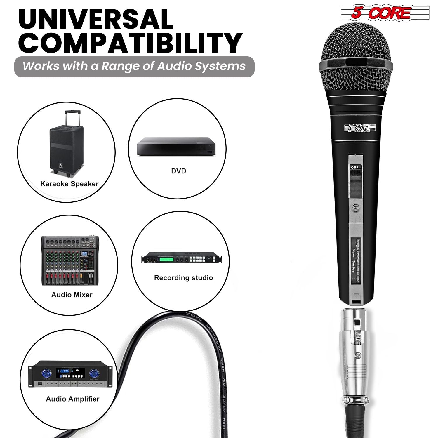 5 CORE Microphone Dynamic Vocal Handheld Mic Cardioid Unidirectional Microfono w On Off Switch + XLR Audio Cable for Singing Karaoke Public Speaking & Parties - PM 757 - Task & Tether