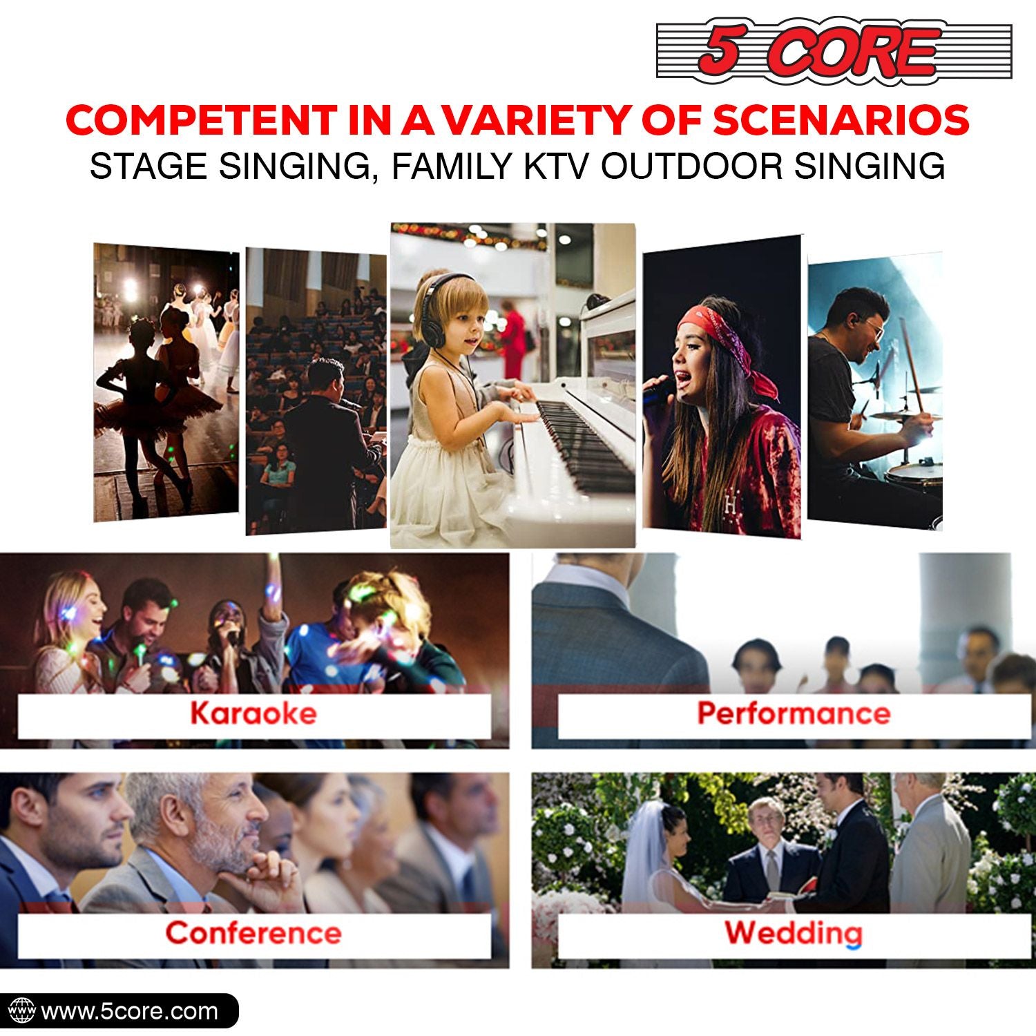 5 CORE Microphone Dynamic Vocal Handheld Mic Cardioid Unidirectional Microfono w On Off Switch + XLR Audio Cable for Singing Karaoke Public Speaking & Parties - PM 757 - Task & Tether