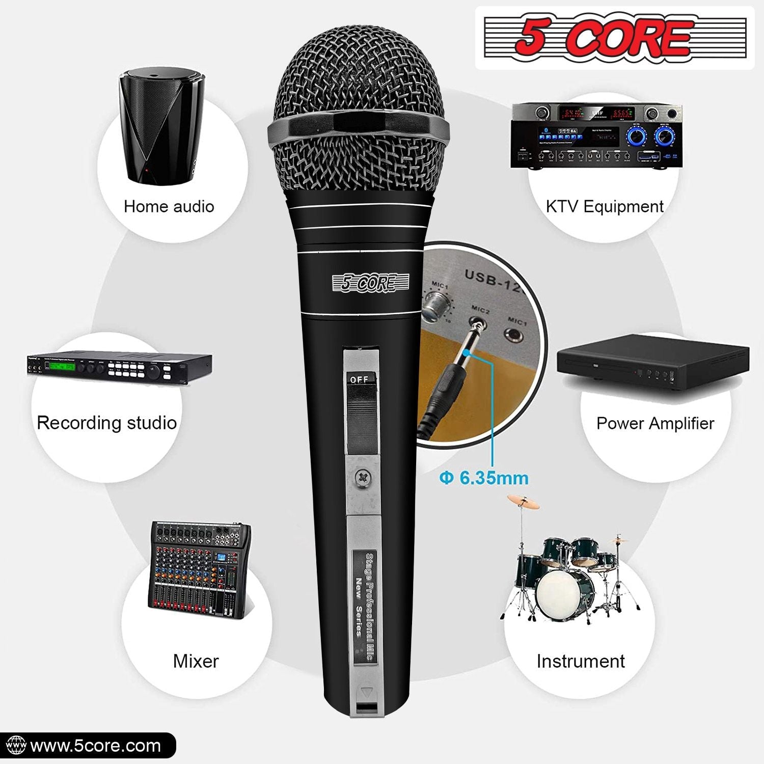 5 CORE Microphone Dynamic Vocal Handheld Mic Cardioid Unidirectional Microfono w On Off Switch + XLR Audio Cable for Singing Karaoke Public Speaking & Parties - PM 757 - Task & Tether