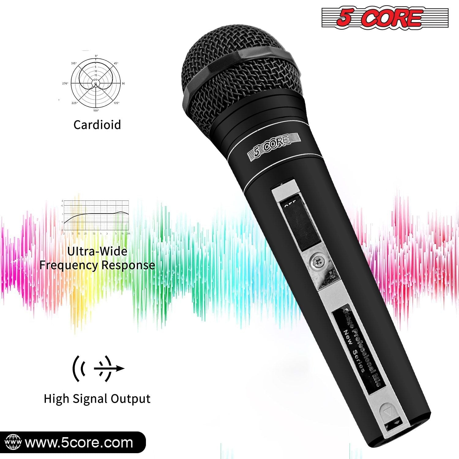 5 CORE Microphone Dynamic Vocal Handheld Mic Cardioid Unidirectional Microfono w On Off Switch + XLR Audio Cable for Singing Karaoke Public Speaking & Parties - PM 757 - Task & Tether