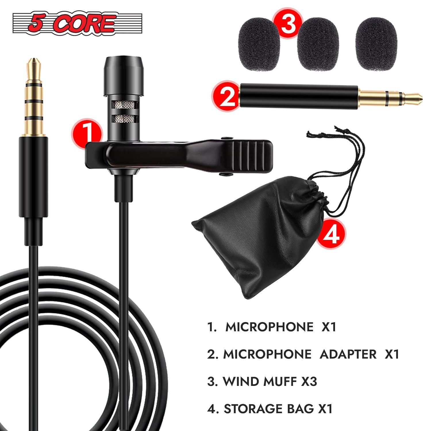 5 Core Pro Omnidirectional Lavalier Mic for Interviews - CM Mob 2M - Task & Tether