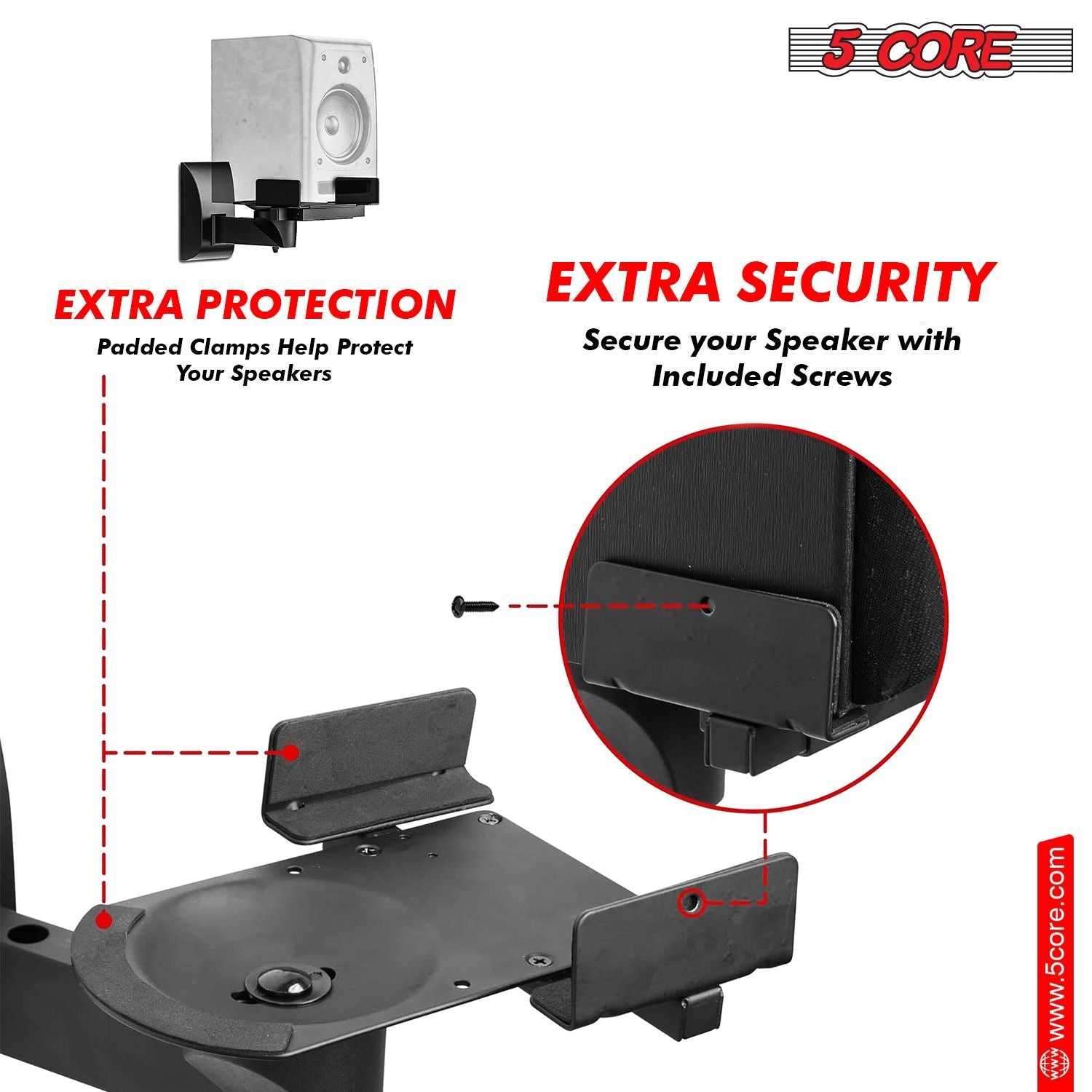 5 CORE Speaker Wall Mount Adjustable Shelf Holder Swivel 180 Degree Bookshelf Brackets - 15 Inch Space for Speakers Pair Holds Upto 55lbs - WST 04 - 15 Pair - Task & Tether