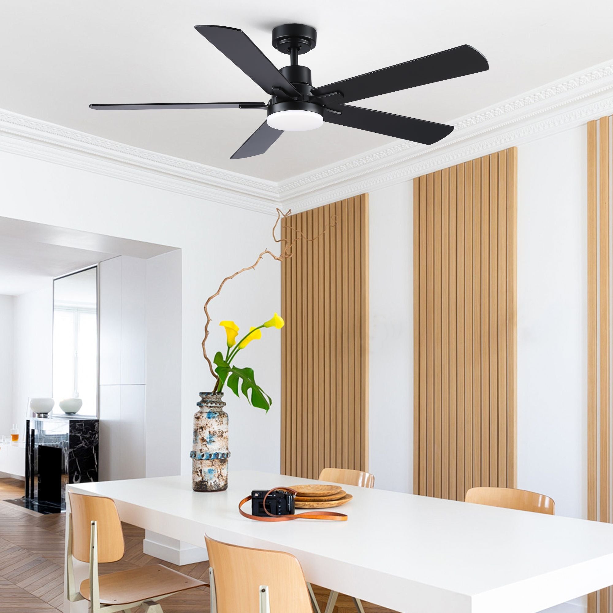 52 in. Integrated LED Farmhouse Indoor/Outdoor Black Smart Ceiling Fan with Remote Control - Task & Tether