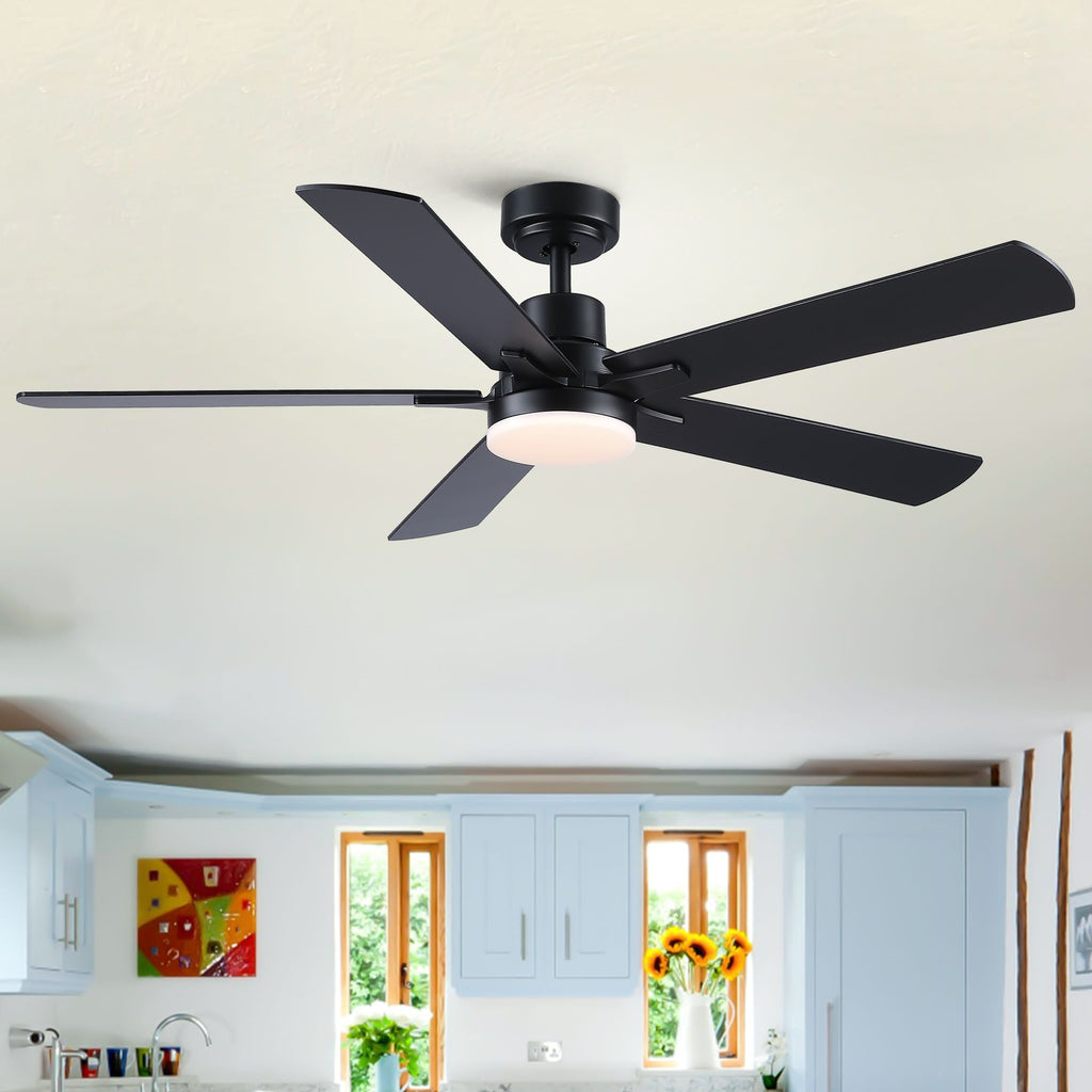 52 in. Integrated LED Farmhouse Indoor/Outdoor Black Smart Ceiling Fan with Remote Control - Task & Tether