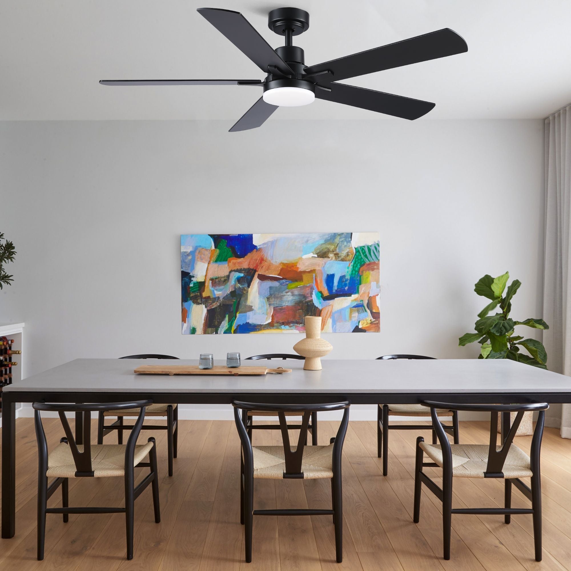 52 in. Integrated LED Farmhouse Indoor/Outdoor Black Smart Ceiling Fan with Remote Control - Task & Tether