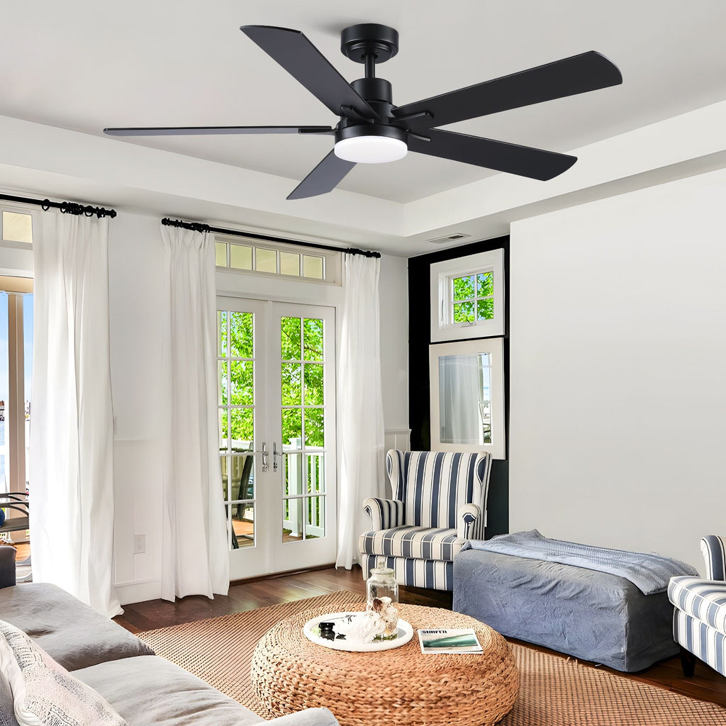 52 in. Integrated LED Farmhouse Indoor/Outdoor Black Smart Ceiling Fan with Remote Control - Task & Tether