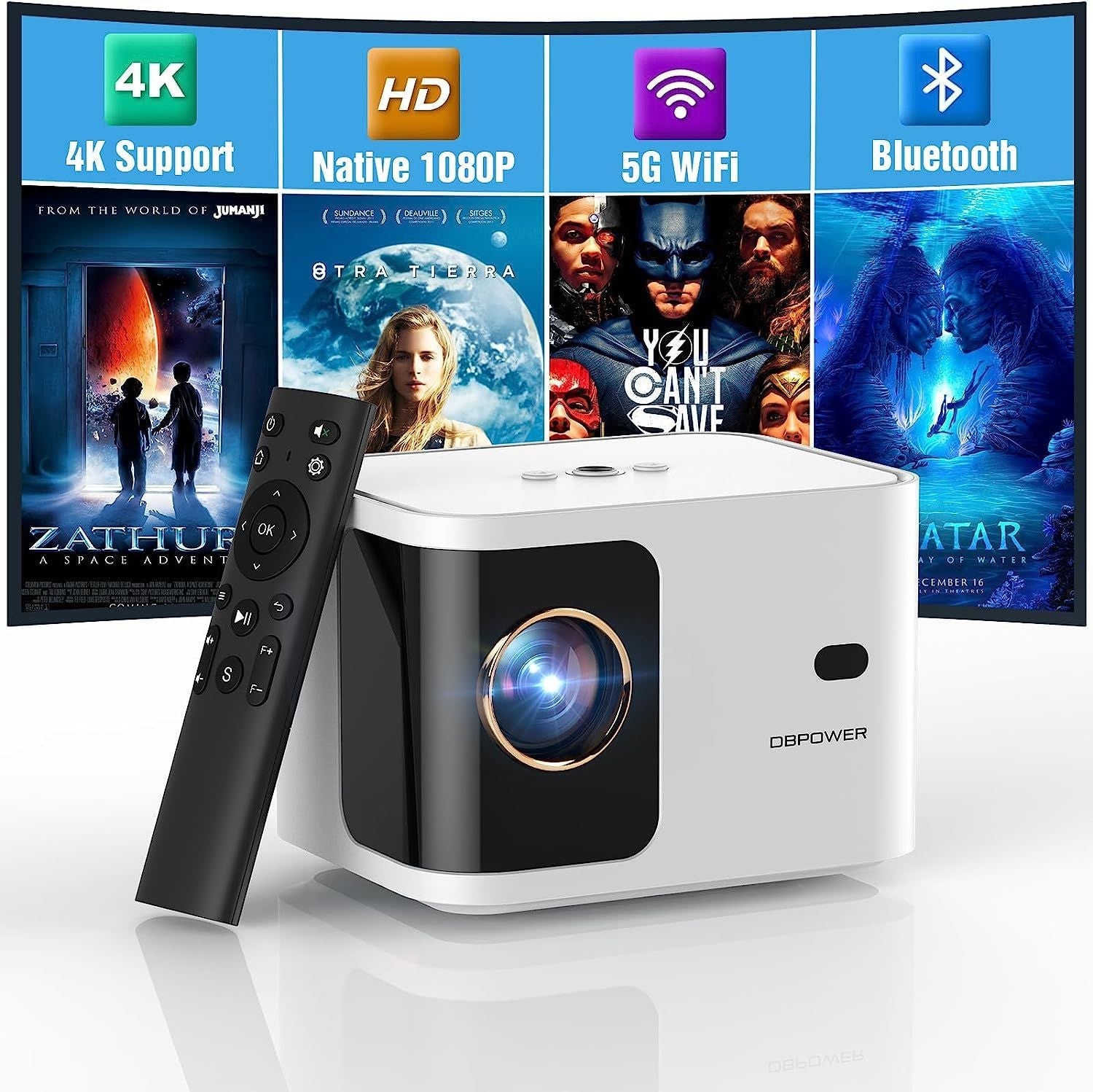 5G WiFi Mini Bluetooth Projector 4K Support, 300 ANSI HD 1080P Portable Video Projector, ±40° Vertical Keystone|Zoom|Timer, DBPOWER Smartphone Projector Outdoor Movie for PC/TV(White) - Task & Tether