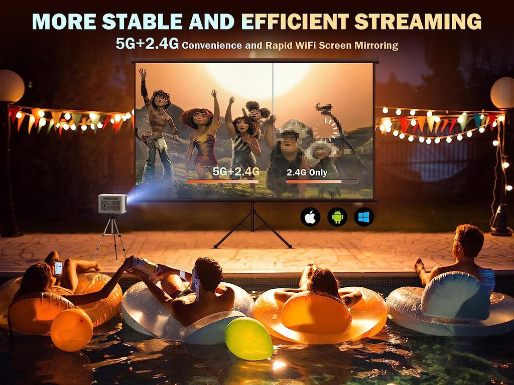 5G WiFi Mini Bluetooth Projector 4K Support, 300 ANSI HD 1080P Portable Video Projector, ±40° Vertical Keystone|Zoom|Timer, DBPOWER Smartphone Projector Outdoor Movie for PC/TV(White) - Task & Tether