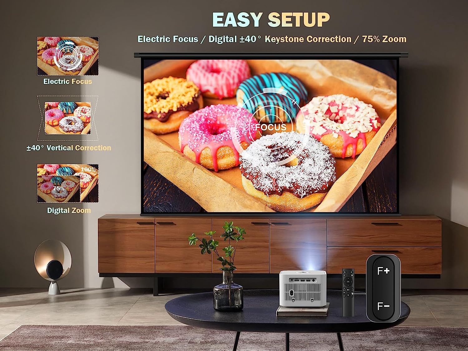 5G WiFi Mini Bluetooth Projector 4K Support, 300 ANSI HD 1080P Portable Video Projector, ±40° Vertical Keystone|Zoom|Timer, DBPOWER Smartphone Projector Outdoor Movie for PC/TV(White) - Task & Tether