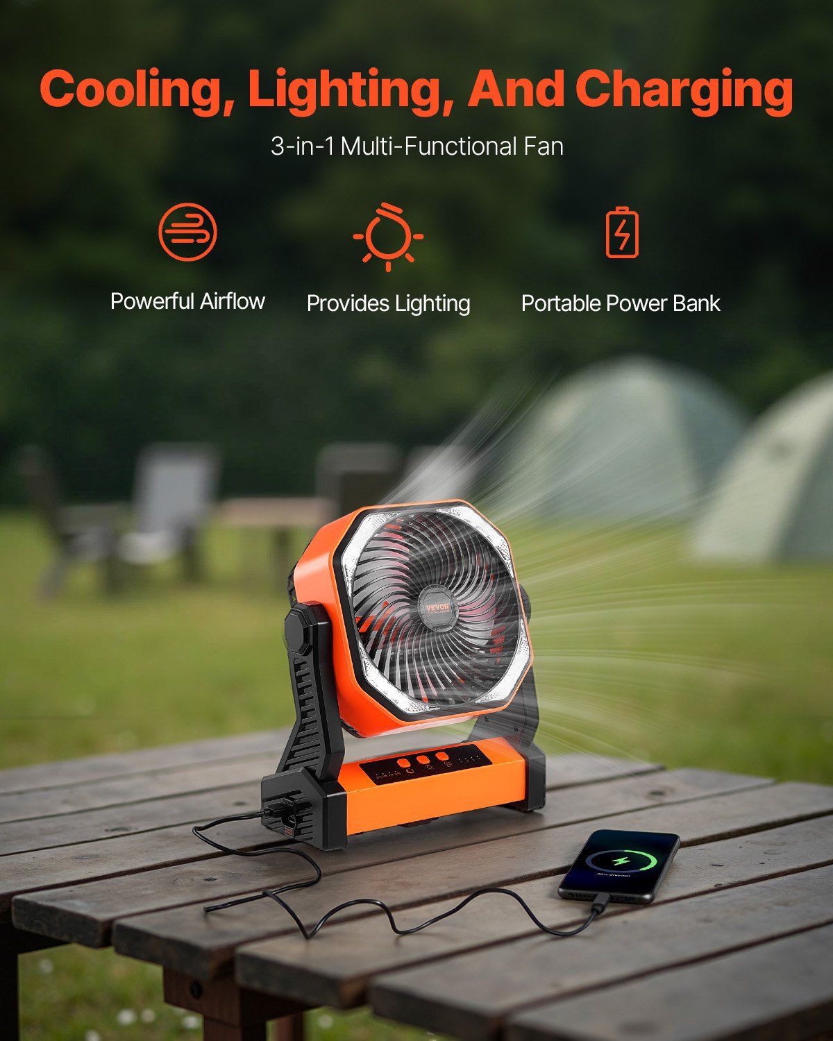 8 inch Rechargeable Camping Desktop Fan Battery Operated 4 Speeds - Task & Tether