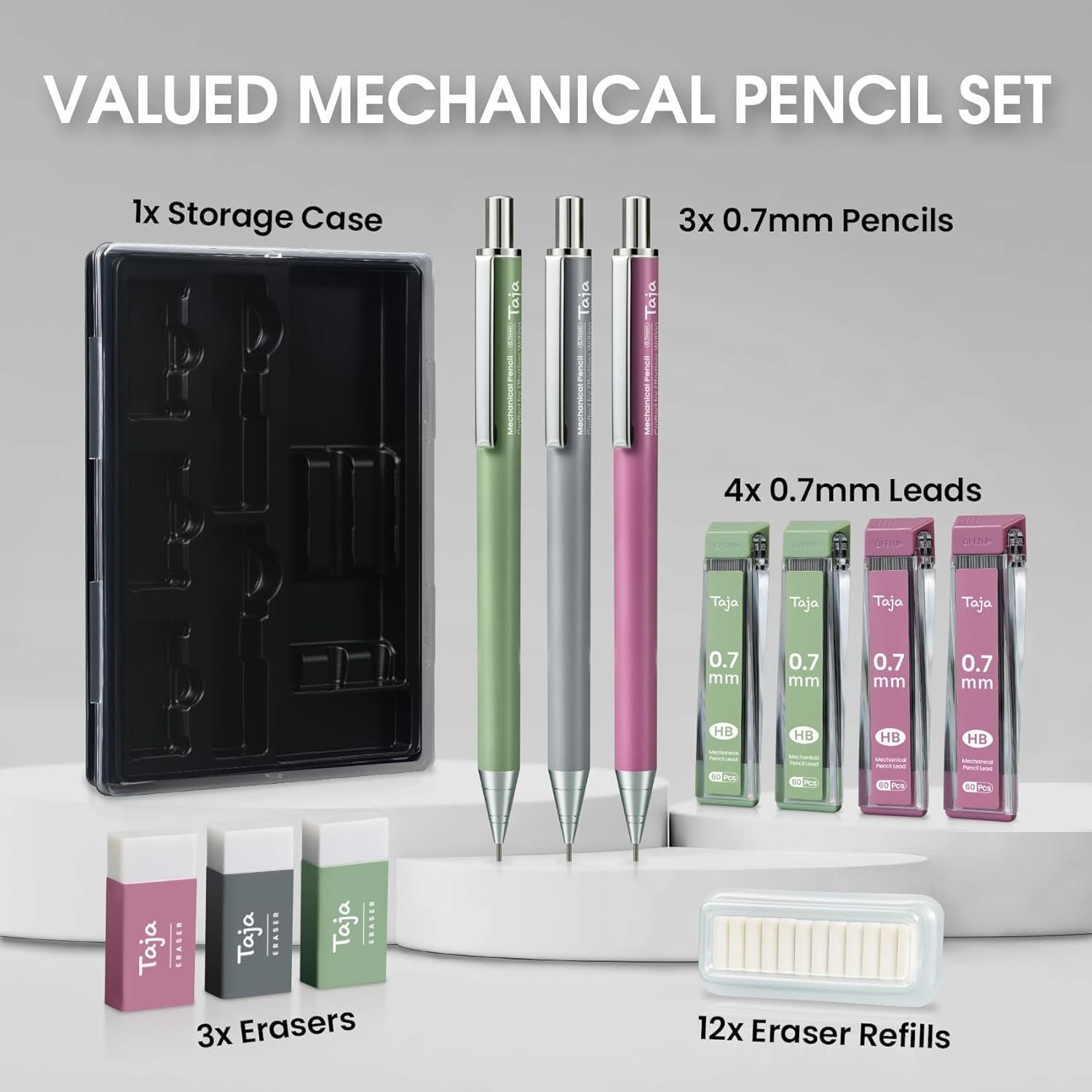 Aesthetic 0.7mm Mechanical Pencil Set with Case – 3 Vintage Mechanical Pencils, 4 Tubes HB 2 Lead Refills, 3 Erasers & 12 Eraser Refills, Cute Pencil Kit for Back to School Stationery Supplies - Task & Tether