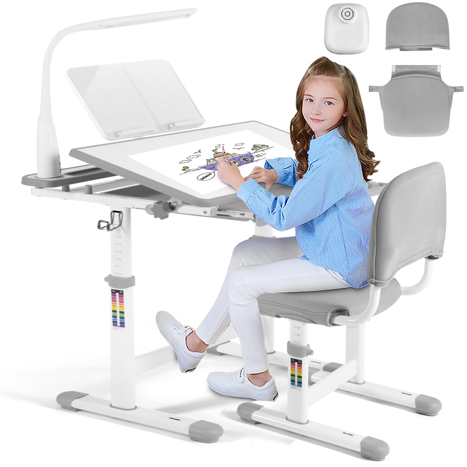 Height Adjustable Kids Study Desk Set with LED Lamp & Drawer - Blue-1 - Task & Tether