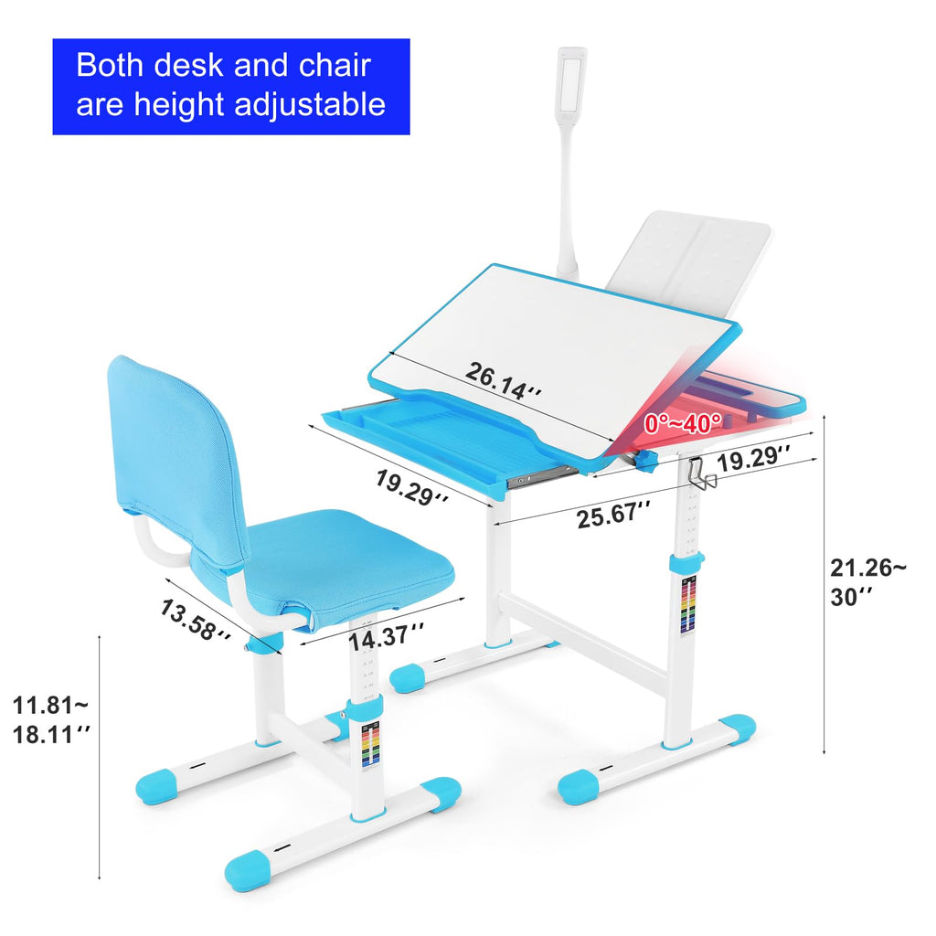 Height Adjustable Kids Study Desk Set with LED Lamp & Drawer - Blue-1 - Task & Tether