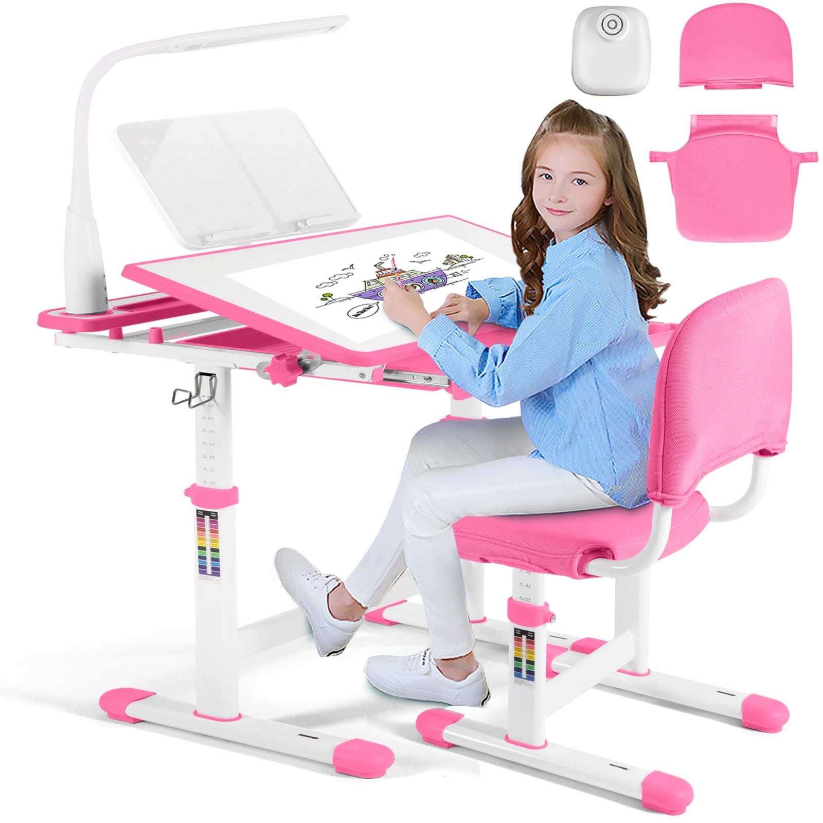 Height Adjustable Kids Study Desk Set with LED Lamp & Drawer - Blue-1 - Task & Tether
