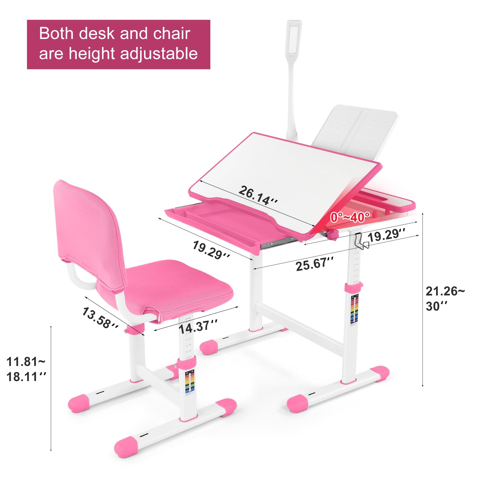 Height Adjustable Kids Study Desk Set with LED Lamp & Drawer - Blue-1 - Task & Tether