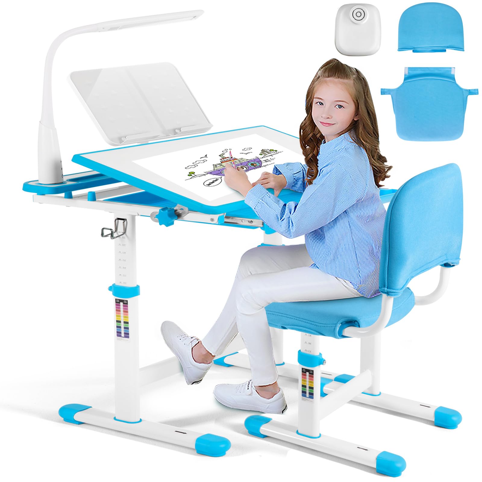 Height Adjustable Kids Study Desk Set with LED Lamp & Drawer - Blue-1 - Task & Tether
