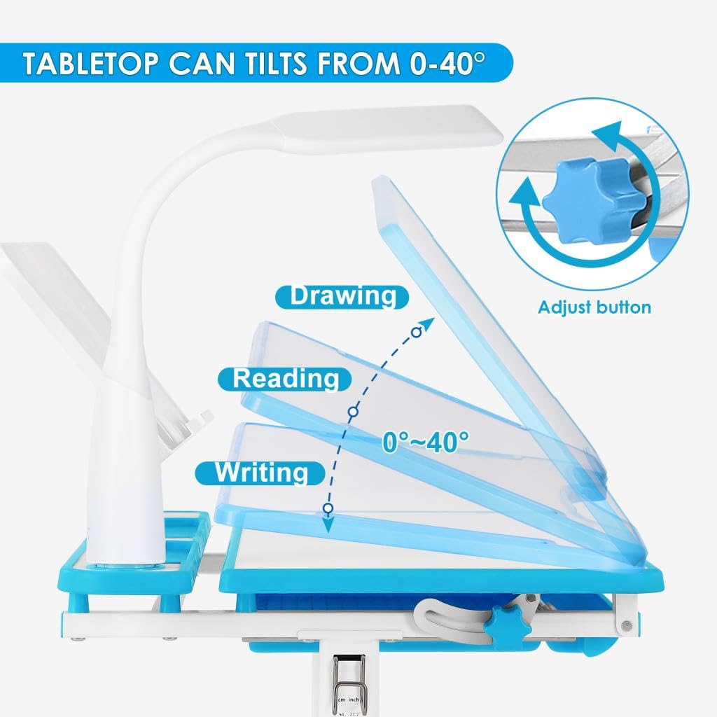 Height Adjustable Kids Study Desk Set with LED Lamp & Drawer - Blue-1 - Task & Tether