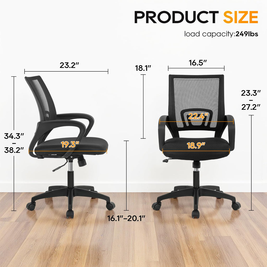Ergonomic Mid-Back Desk Chair w/ Lumbar Support | Adjustable Height | Rolling Wheels | Dark Black - Task & Tether