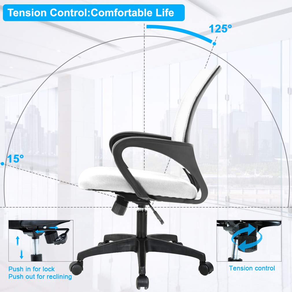 Ergonomic Mid-Back Desk Chair w/ Lumbar Support | Adjustable Height | Rolling Wheels | Dark Black - Task & Tether