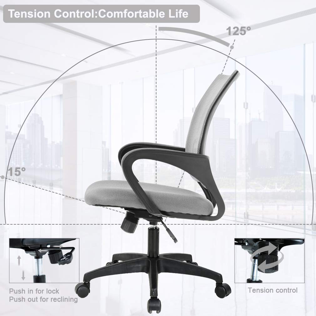 Ergonomic Mid-Back Desk Chair w/ Lumbar Support | Adjustable Height | Rolling Wheels | Dark Black - Task & Tether