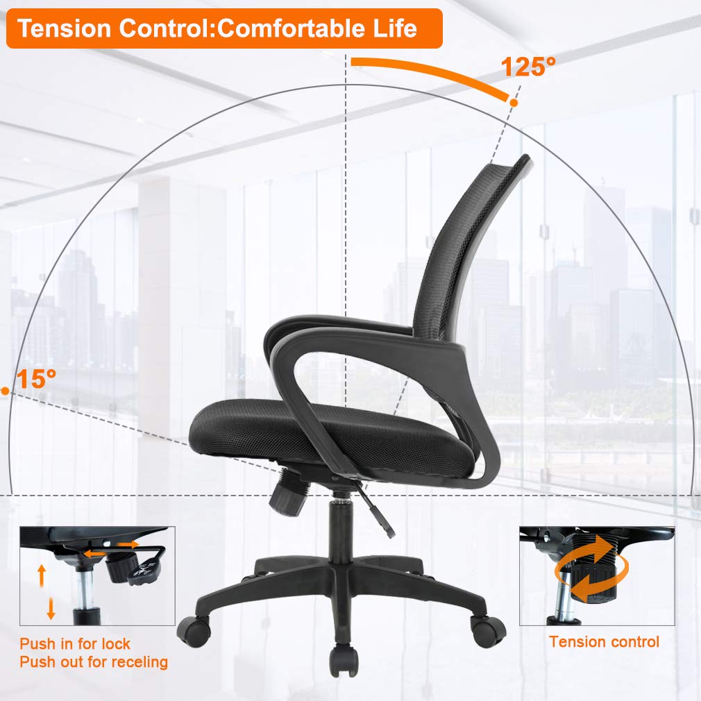 Ergonomic Mid-Back Desk Chair w/ Lumbar Support | Adjustable Height | Rolling Wheels | Dark Black - Task & Tether