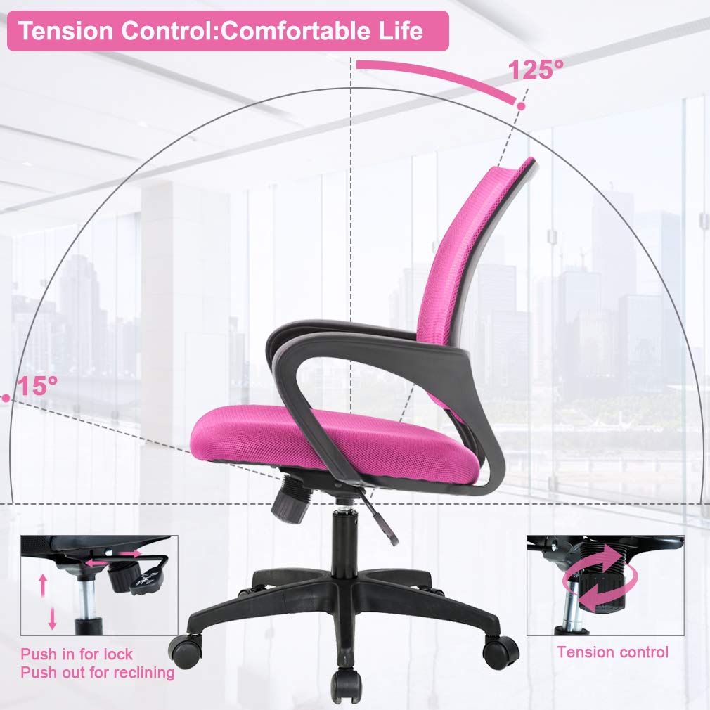 Ergonomic Mid-Back Desk Chair w/ Lumbar Support | Adjustable Height | Rolling Wheels | Dark Black - Task & Tether
