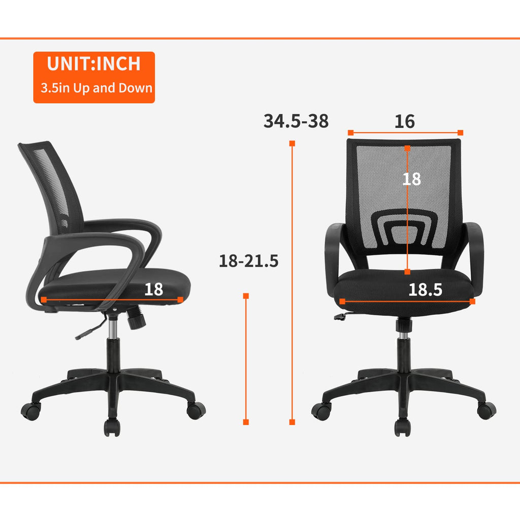 Ergonomic Mid-Back Desk Chair w/ Lumbar Support | Adjustable Height | Rolling Wheels | Dark Black - Task & Tether