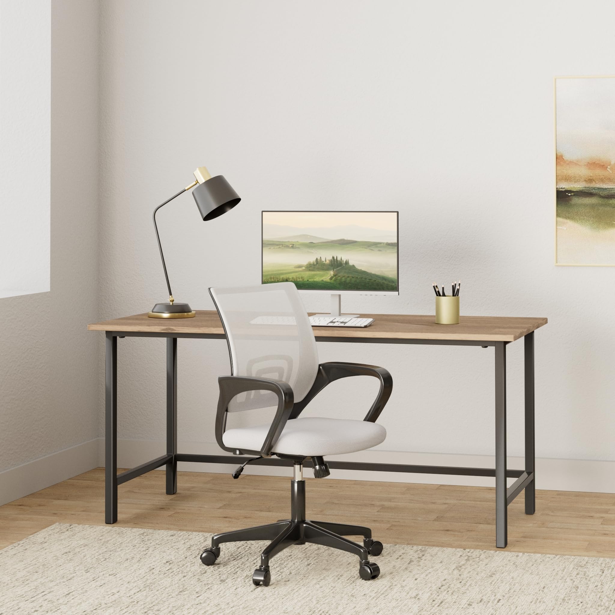 Ergonomic Mid-Back Desk Chair w/ Lumbar Support | Adjustable Height | Rolling Wheels | Dark Black - Task & Tether