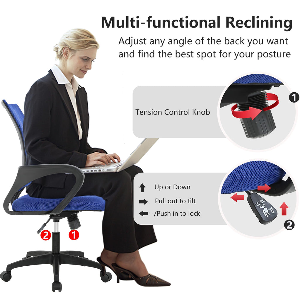 Ergonomic Mid-Back Desk Chair w/ Lumbar Support | Adjustable Height | Rolling Wheels | Dark Black - Task & Tether