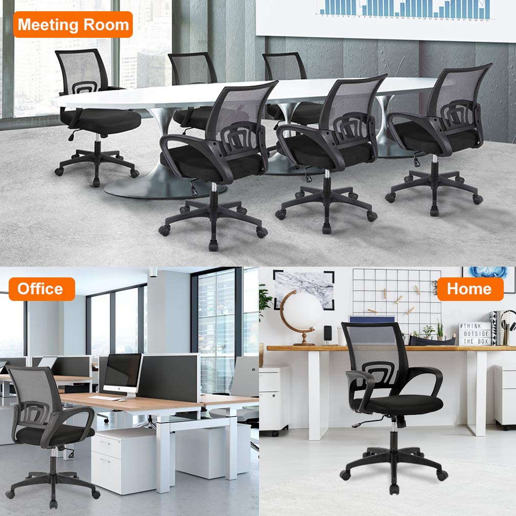 Ergonomic Mid-Back Desk Chair w/ Lumbar Support | Adjustable Height | Rolling Wheels | Dark Black - Task & Tether