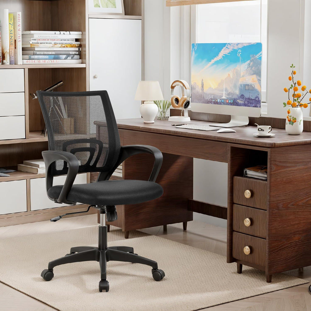 Ergonomic Mid-Back Desk Chair w/ Lumbar Support | Adjustable Height | Rolling Wheels | Dark Black - Task & Tether