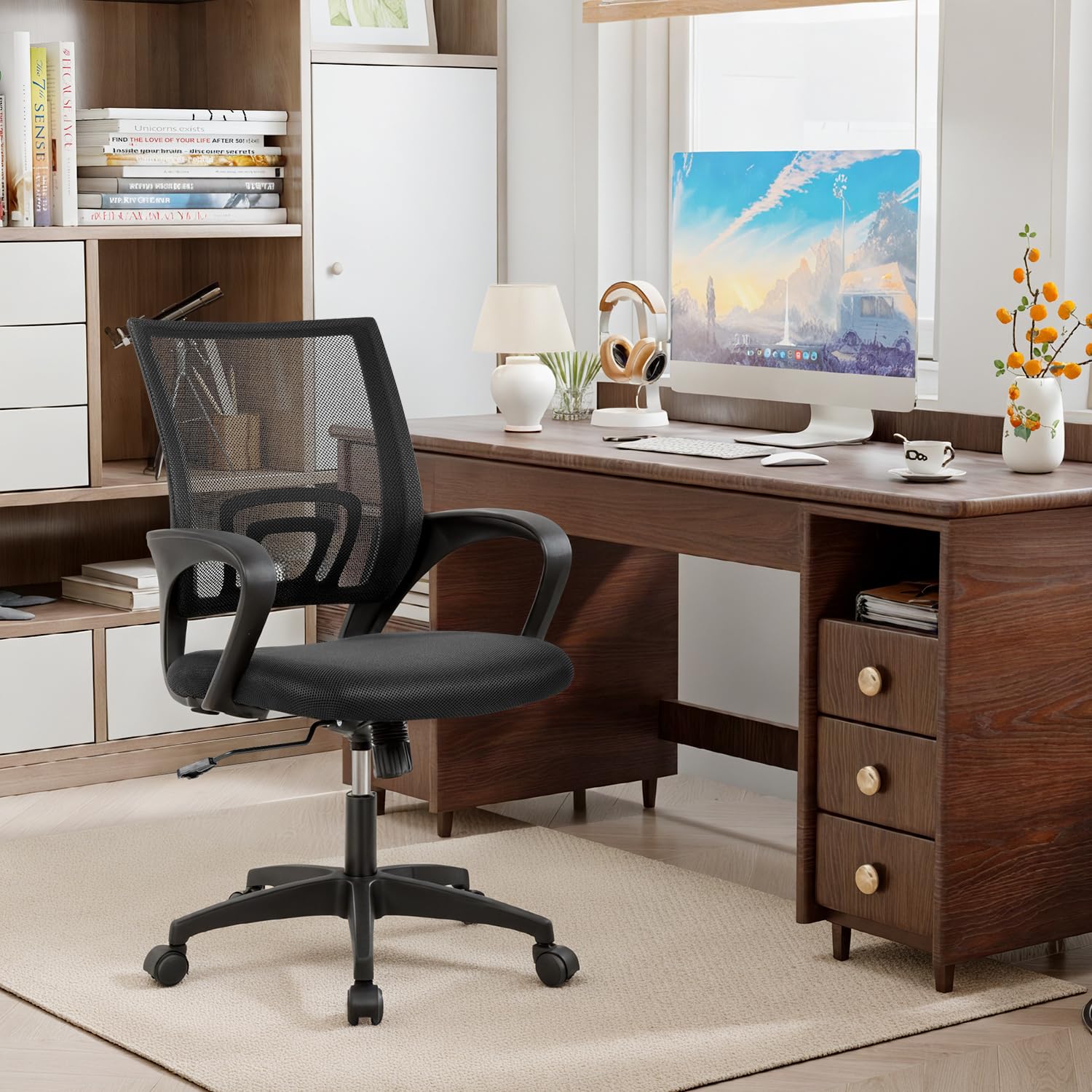 Ergonomic Mid-Back Desk Chair w/ Lumbar Support | Adjustable Height | Rolling Wheels | Dark Black - Task & Tether
