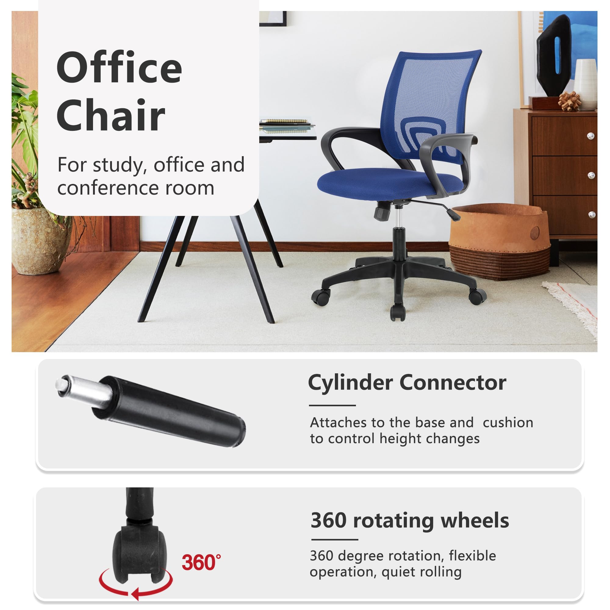 Ergonomic Mid-Back Desk Chair w/ Lumbar Support | Adjustable Height | Rolling Wheels | Dark Black - Task & Tether