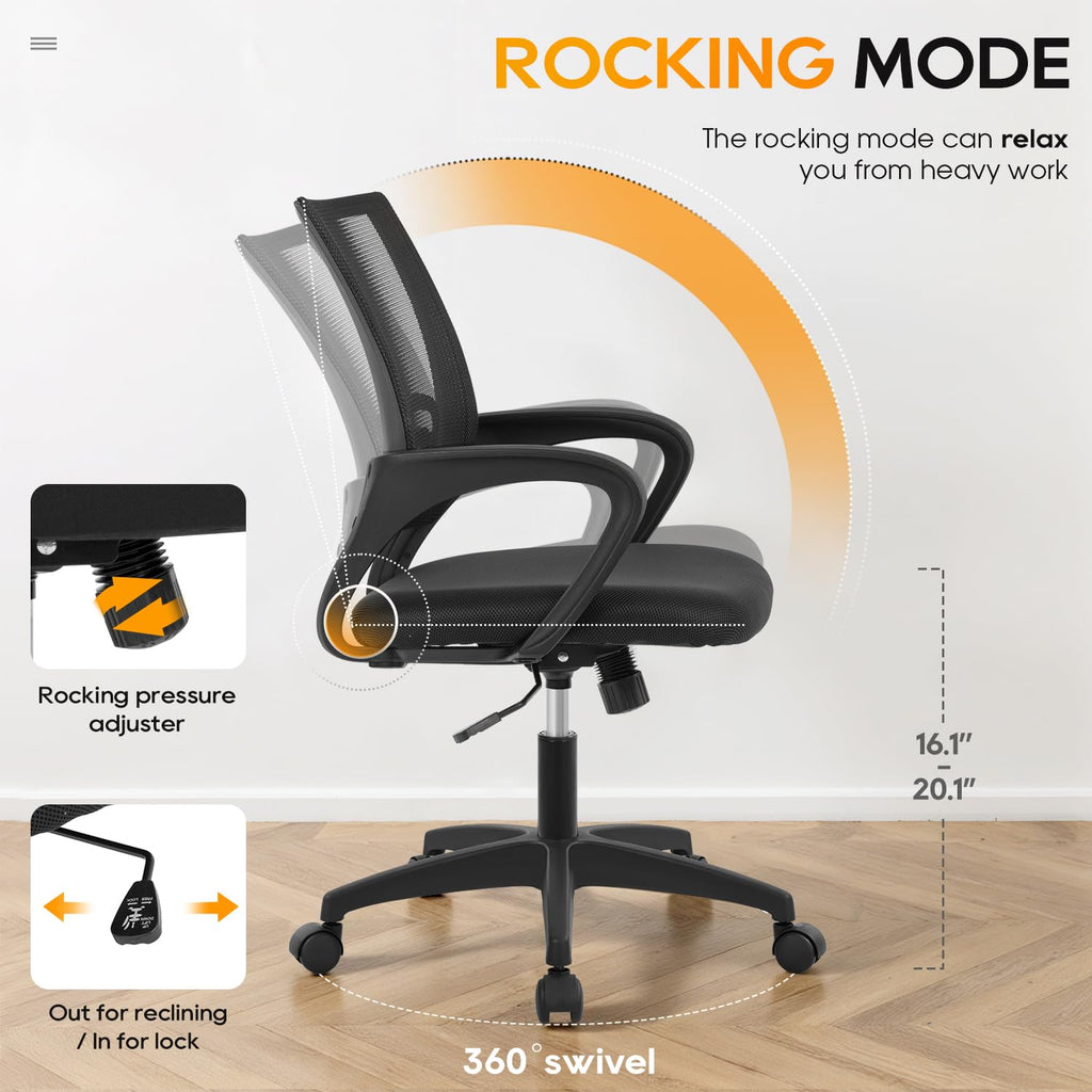 Ergonomic Mid-Back Desk Chair w/ Lumbar Support | Adjustable Height | Rolling Wheels | Dark Black - Task & Tether